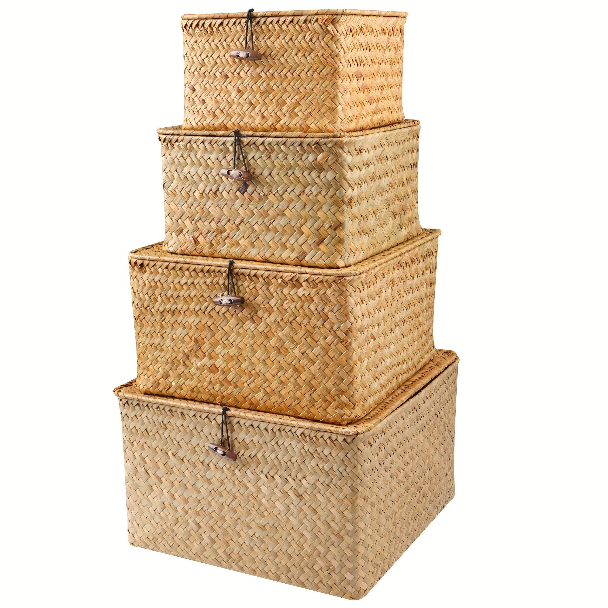 E-shop 4er-Set Natürliche Seetang Handgewebte Körbe, Vintage Korb mit Deckel, Badezimmer Kosmetik Aufbewahrungsbox, Begleitgeschenkbox, Unterwäsche