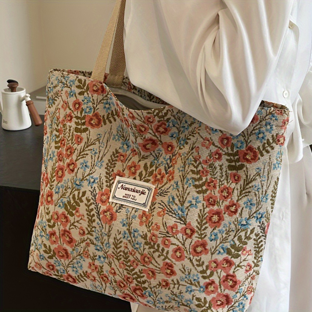 TEMU Vintage Floral Print Women's Handbag, 2 Colors Available - Large Shoulder Bag With Soft Strap, Red And Blue Floral Patterns; Spring Casual