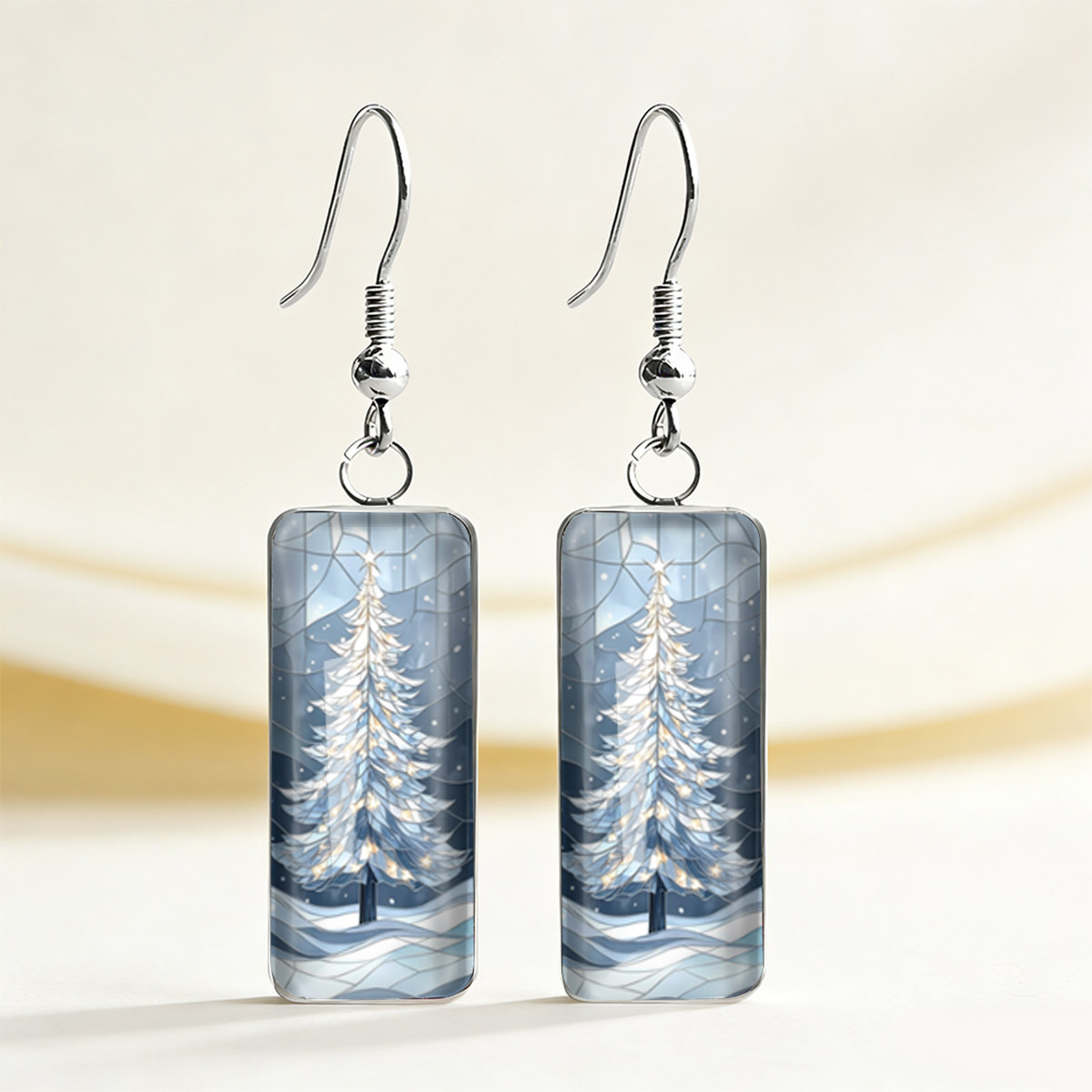 TEMU 1 Pair Cool And Clear Colored Window Cold Tuning Christmas Tree Printed Rectangular Earrings, Refreshing Winter Long Pendant Earrings, Without