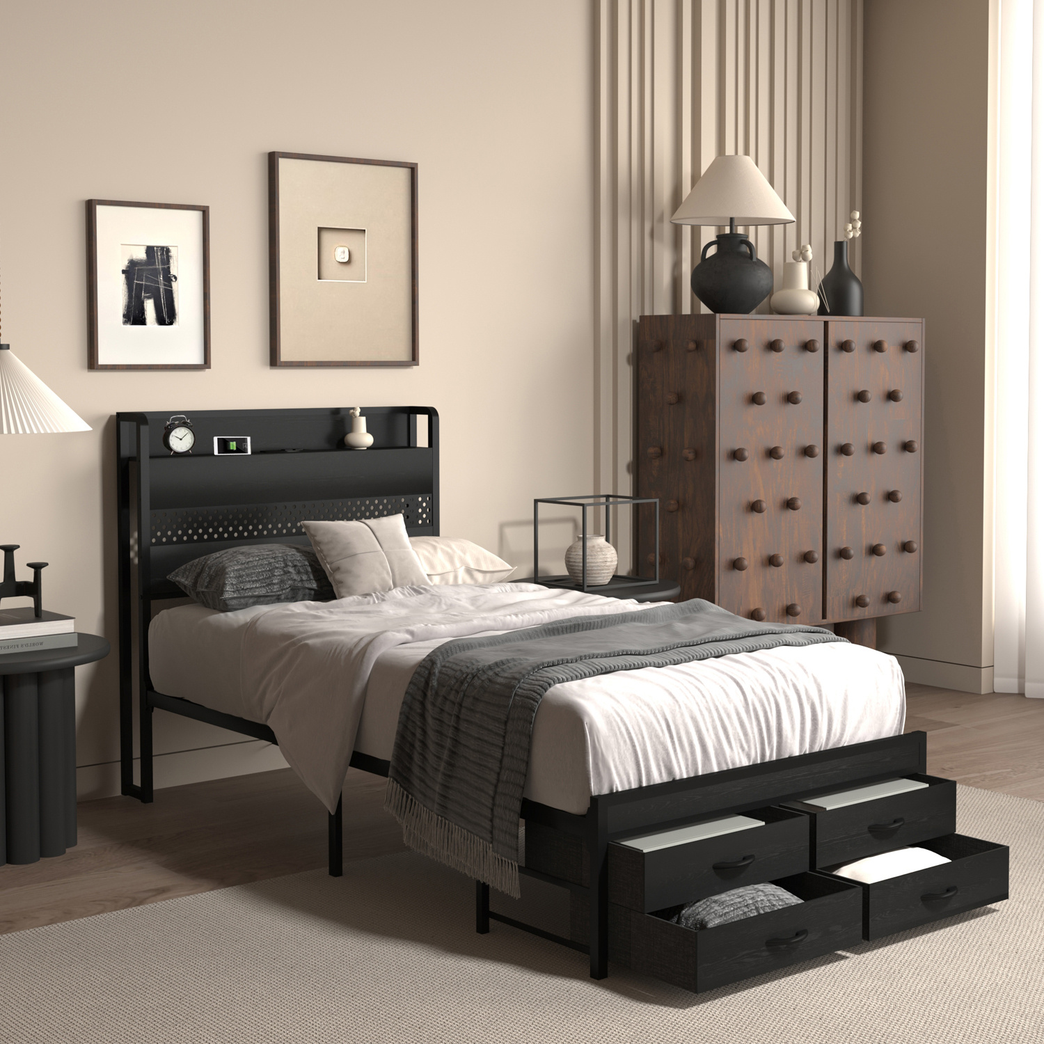 TEMU Twin Bed Frames With Headboard, Twin Size Bed Frames With Storage Drawers, Twin Bed, Black Metal Platform Bed Frame, Single Bed Frame, Spring