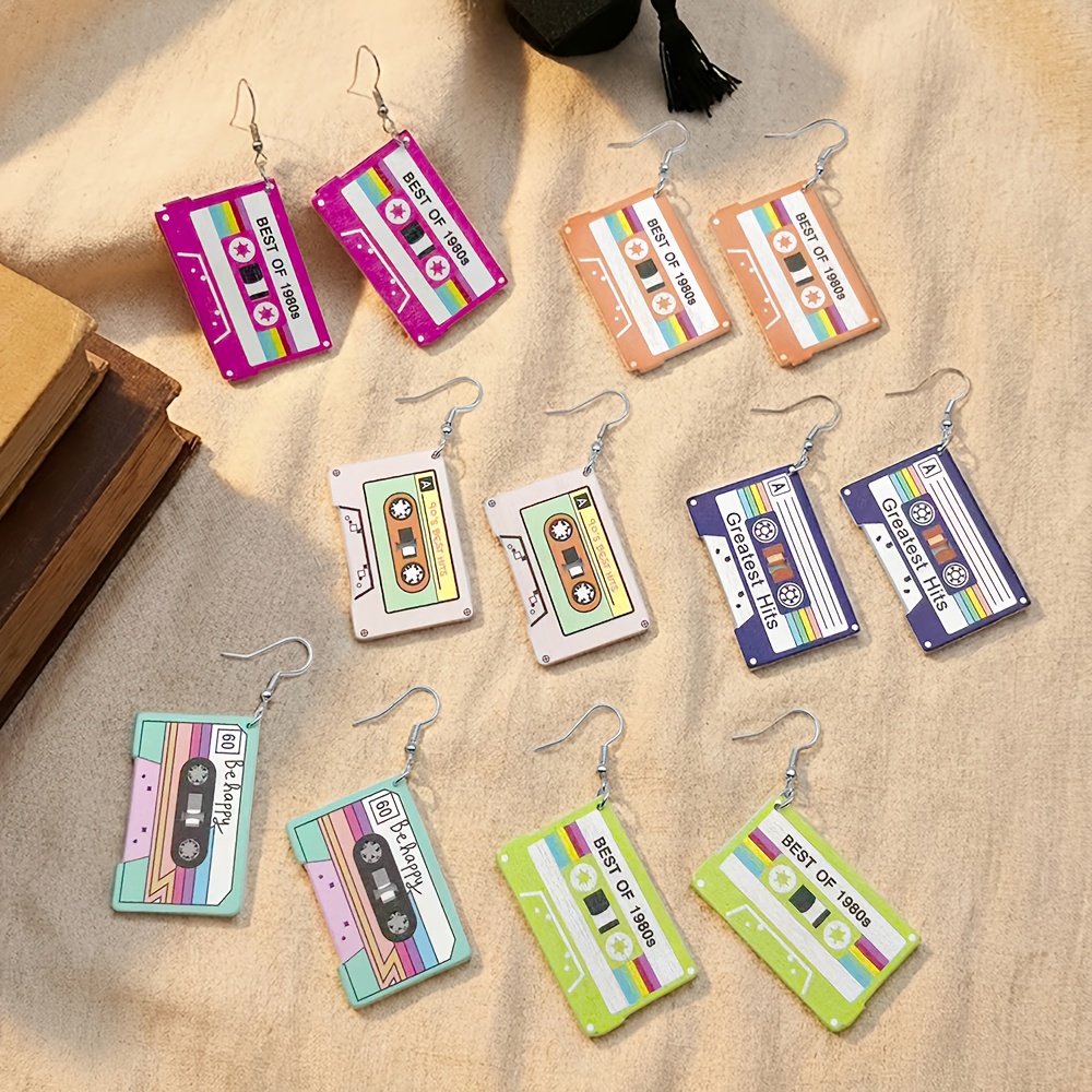 TEMU 6 Pairs Women's Acrylic Drop Earrings Set, Retro 80s Cassette Tape Design Best Of 1980s Pattern, Premium Acrylic, Retro Y2k Hip- Festival Party