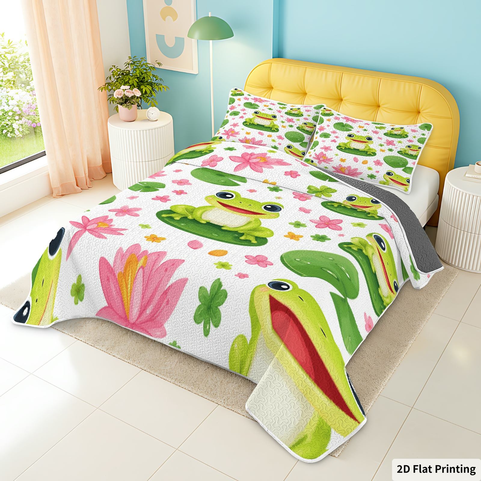 2D Flat 3pcs Quilted Bedspread with Comforter - Frog Lily Pad Flowers Bed Cover, (  1 Quilt 2 Pillowcases, No Fillers)   Soft, Frog Lily Pad Floral. Breathable, Skin-Friendly, Comfortable
