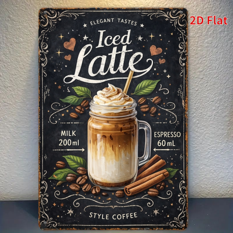 TEMU 2d Flat, [2dfalt]1pc30x20cm- Iced Latte Elegant Tin Sign, Coffee Recipe Decorative Sign For Kitchen Shop Wall Decor, Gift For Baristas, 2d Flat