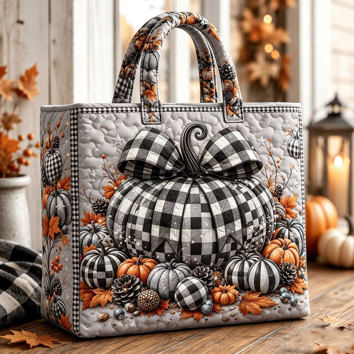 Image of 17 X 15 Inch Rustic Black And White Checkered Autumn Large Capacity Quilted Tote Bag With Checkered Bow, Pumpkin, Maple Leaf, , And Star Prints, Spacious Handbag