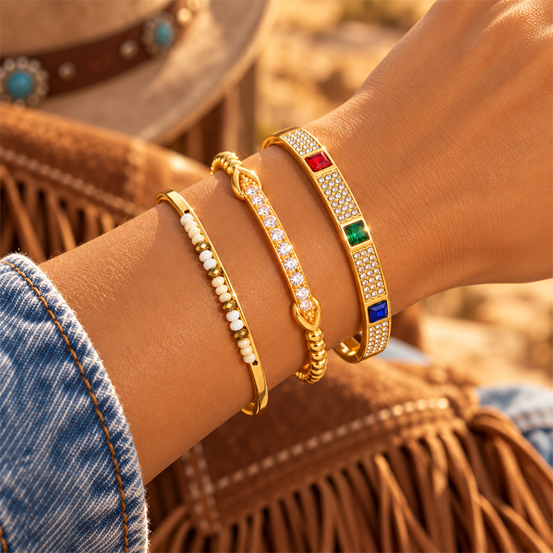 3pcs Square Gem & Twisted Chain Bangle Set for Women