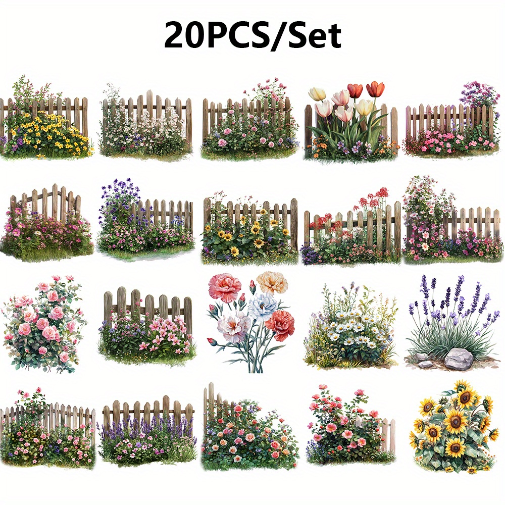 TEMU 20pcs Handmade Tulip Rose Carnation Garden Aesthetic Decoration Decals Crafts Scrapbooking Travel Luggage Laptop Notebook Guitar Skateboard Wall