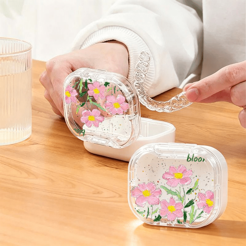 TEMU Pink And White Daisy Durable Compact Retainer Case, Portable Orthodontic Aligner Storage Box, Waterproof Denture Case For Multi-scene Daily