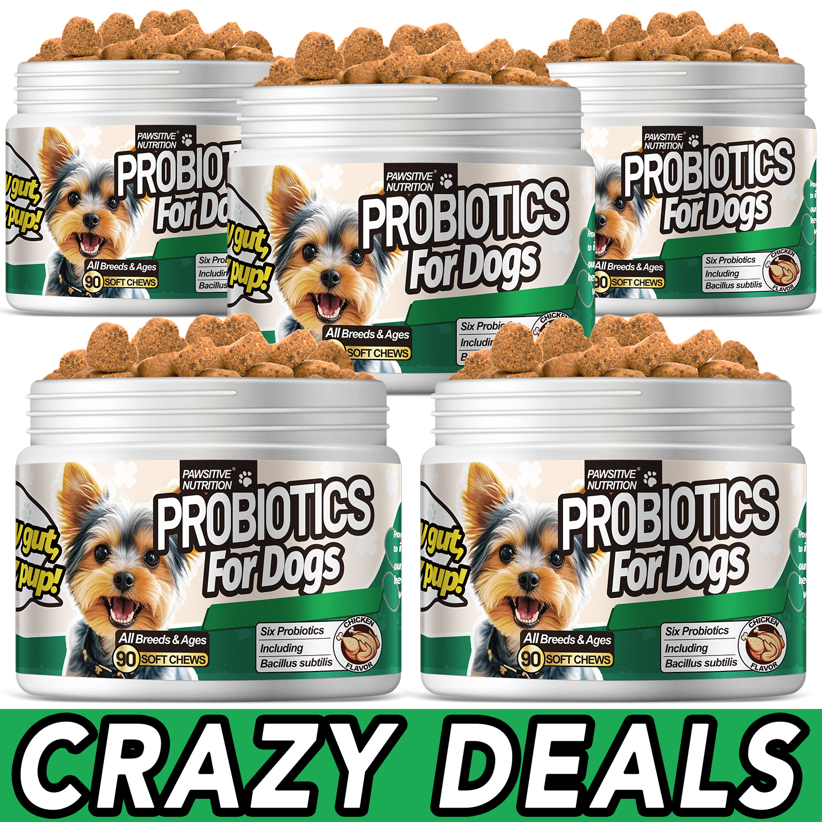 TEMU 5 Packs Probiotics Chews | , And Sensitive Tummy Support | 6 | Plant Formula, Chicken Flavor, 450 , 2 Years | Megpets Nutrition