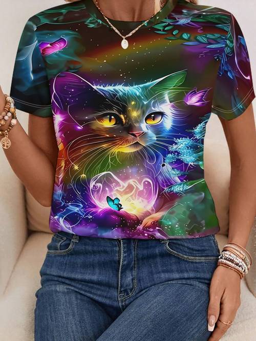 womens short sleeve t shirt featuring a vibrant cat and exuding a and