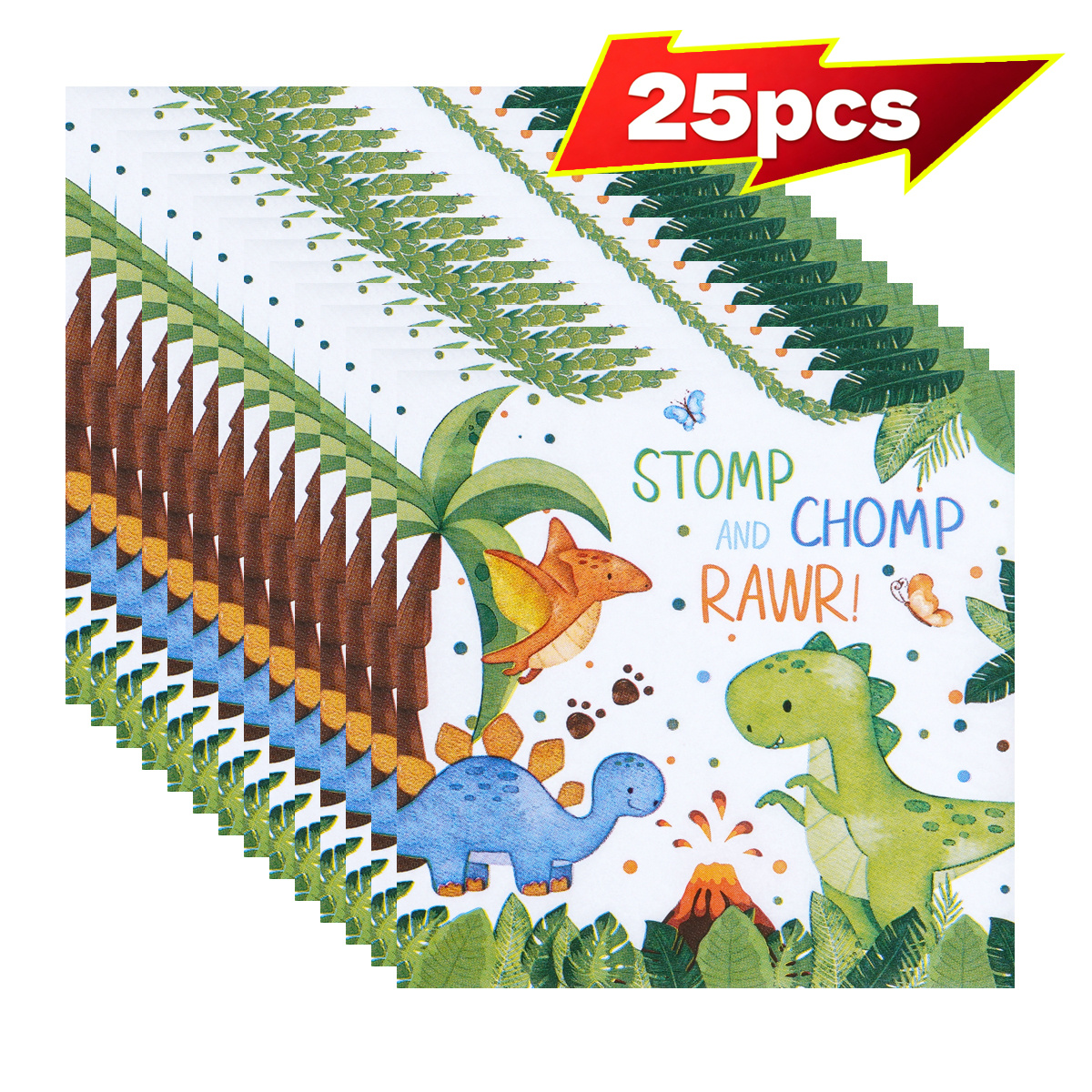 TEMU 25/50/100pcs Watercolor Jurassic Dinosaur Themed Party Napkins, Featuring Clean White Backgrounds With Colorful Cartoon Dinosaurs, Volcano Palm