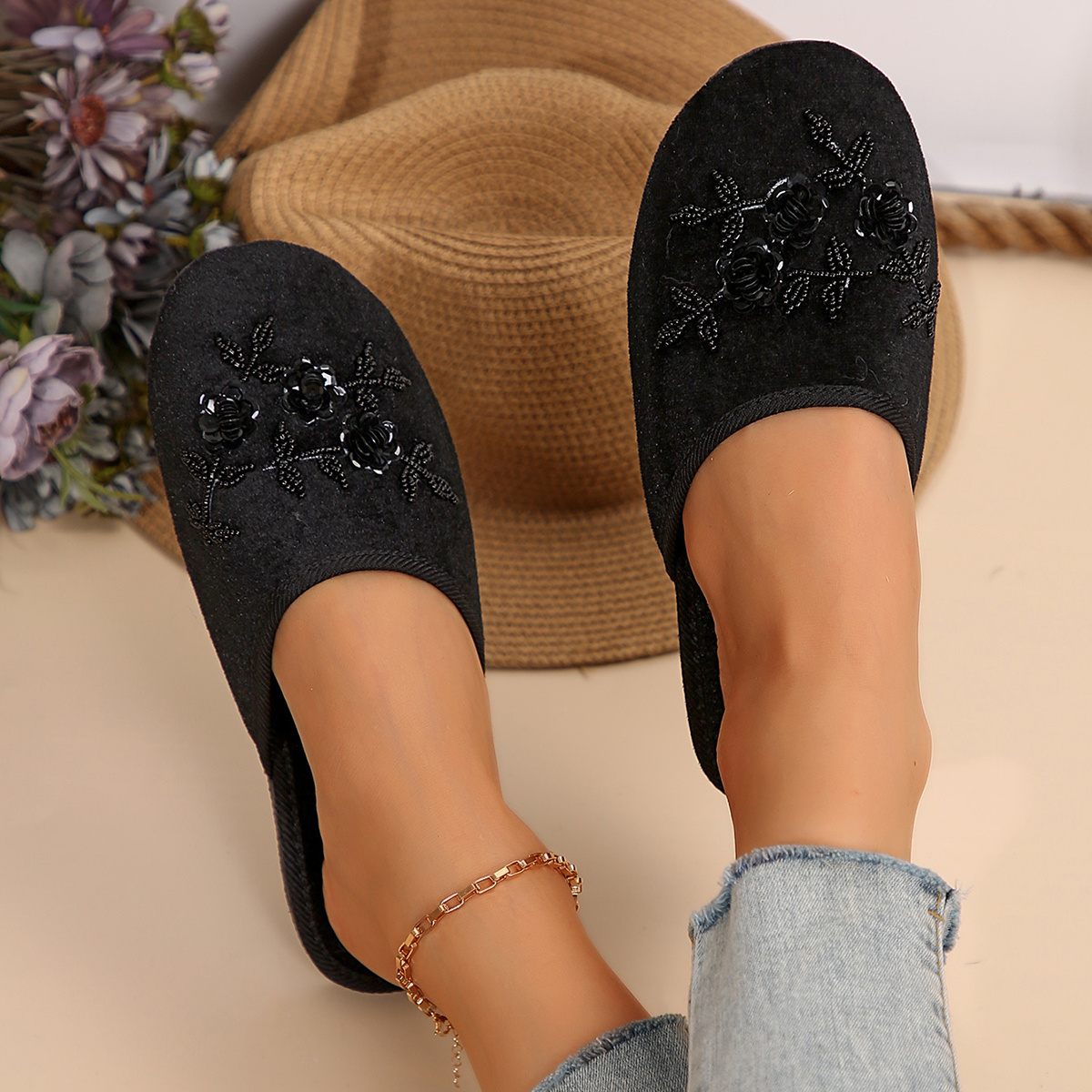 TEMU Women's Black Floral Beaded Mule Sandals - Elegant & Comfortable For Home, Casual Days, City & , Women Shoes