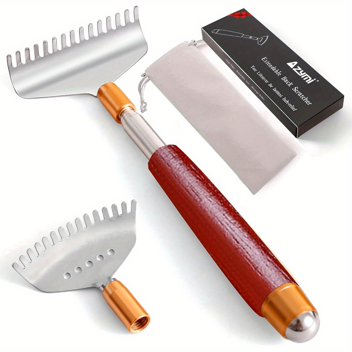 back scratcher with 2pcs detachable heads, back scratcher for women men extendable, steel wide claws/ roller ball/ wooden handle, heavy duty body scratcher massager Product details 0