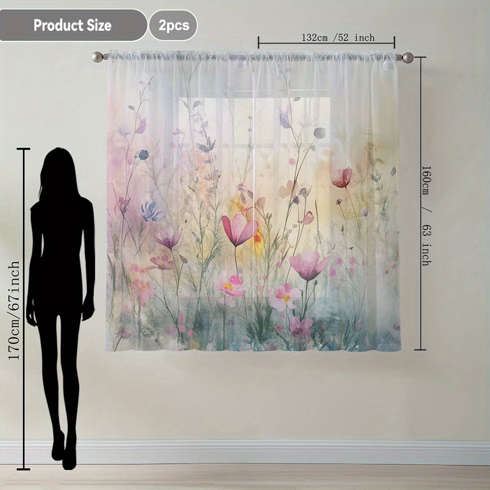 TEMU 2pcs Watercolor Floral Print Window Curtains - Soft, Style With Rod Pocket, Light Filtering Polyester For Kitchen, CafÃ©, Living Room, Balcony,