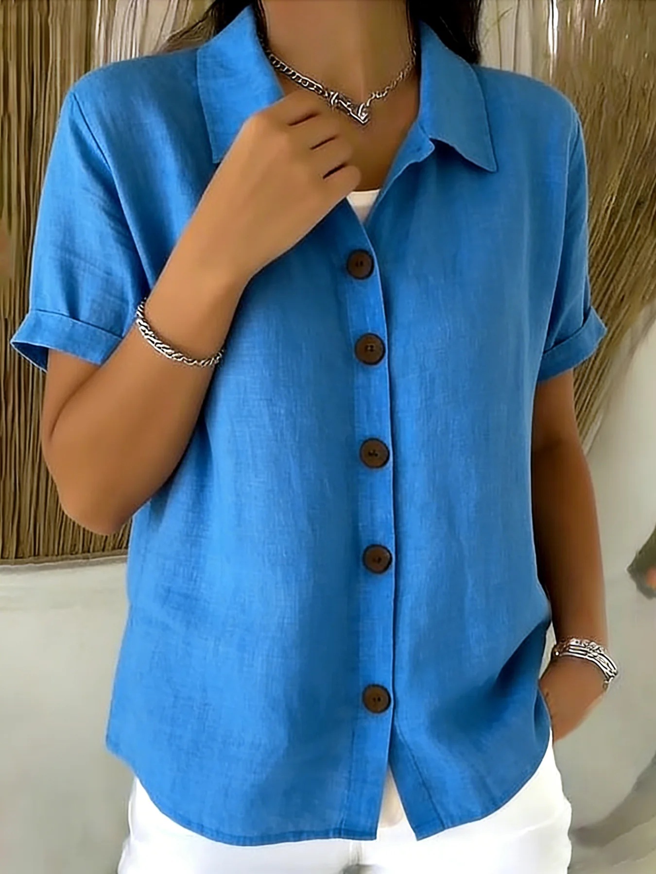 V Neck Collar Blouses - Button up Shirts for Women Short Sleeve Tops - Elegant Outfits Business Casual