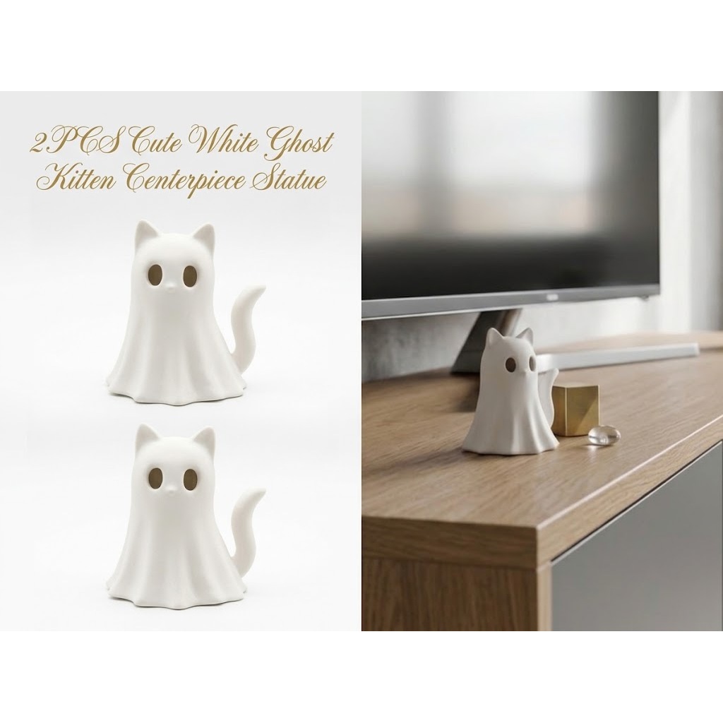 TEMU 2pcs Cute White Kitten Centerpiece Statue, Whimsical Animal Tabletop Figurine For Computer Desk, Bedroom Nightstand, Floating Shelf & Cat Lovers