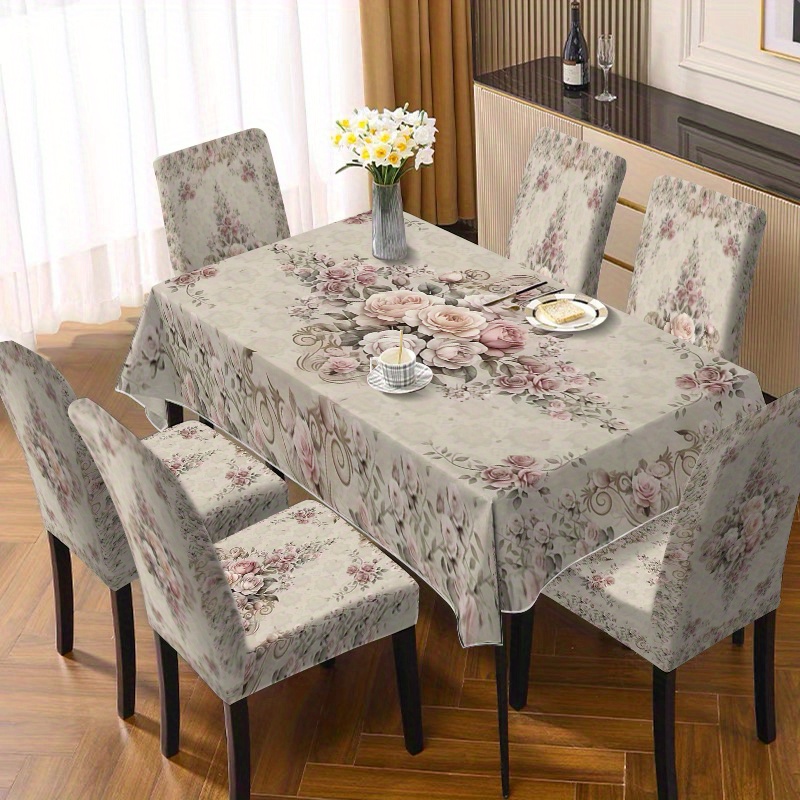 TEMU Set Copri Sedia e Tovaglia 5pz/7pz (5pz: 1 Tovaglia + 4 Copri Sedia) o 7pz (1 Tovaglia + 6 Copri Sedia). Stampa Minimalista e Creativa, per Sala