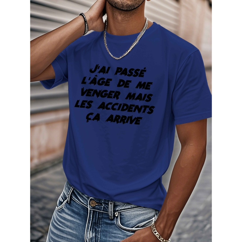 

T-shirt décontracté à française pour hommes - 100% polyester, col rond, manches courtes, motif géométrique, tissu tricoté légèrement extensible pour l'été - Coupe régulière