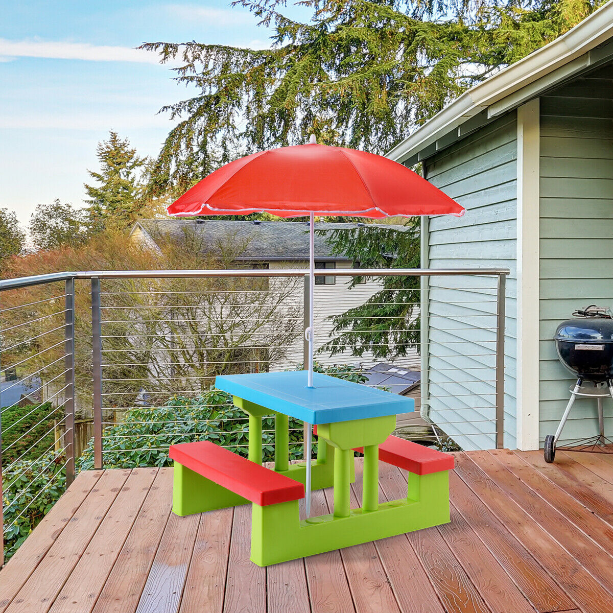 TEMU COSTWAY Table de - d'Extérieur pour Enfants avec Parasol, 4 Places, Banc de Jardin pour Enfants