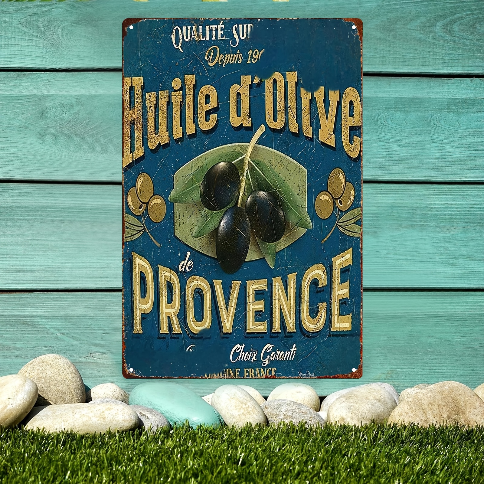 TEMU Plaque métallique 2D plate, 1 pièce, vintage, huile d'olive provençale française - Décoration murale rustique branche d'olivier bleue et dorée,