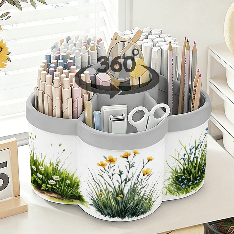 rotating pen holder and cosmetic storage box three   and grass cluster combination stickers 360 rotating convenient desktop storage box large capacity portable organizer suitable for office stationery beauty products