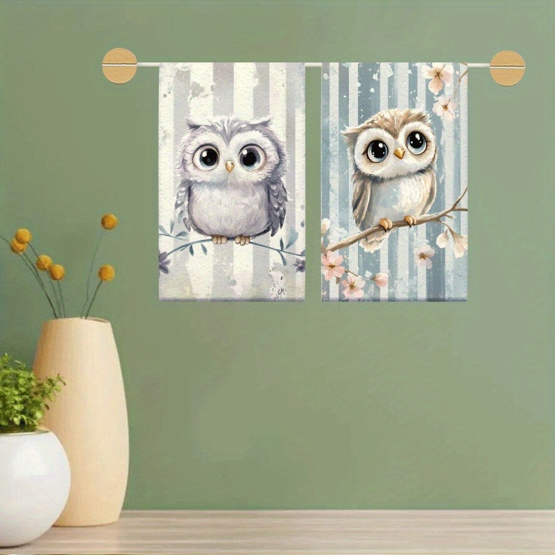 E-shop 2 Stück Küchentücher mit Eule & Blumenmuster, 18x26 Zoll - Super saugfähige Mikrofaser-Geschirrtücher mit niedlichem Eule- & Zweig-Design, für