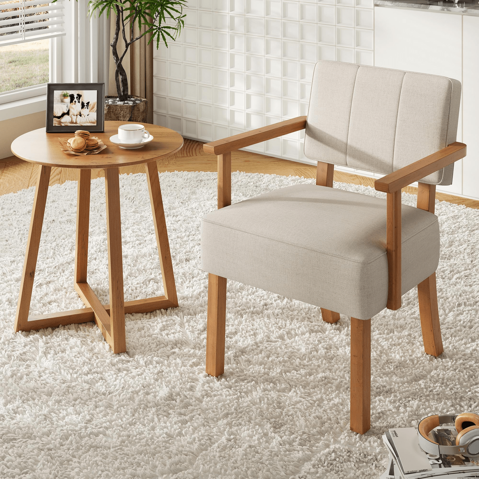 Patio Dining Set, Outdoor Chairs Set Garvee Mid-Century Accent Chair Set of 2 with Wood Frame, Linen Fabric Lounge Arm Chair with Classic Vertical Stripe Reading Leisure Chair for Living Room, Bedroom, Balcony, Beige
