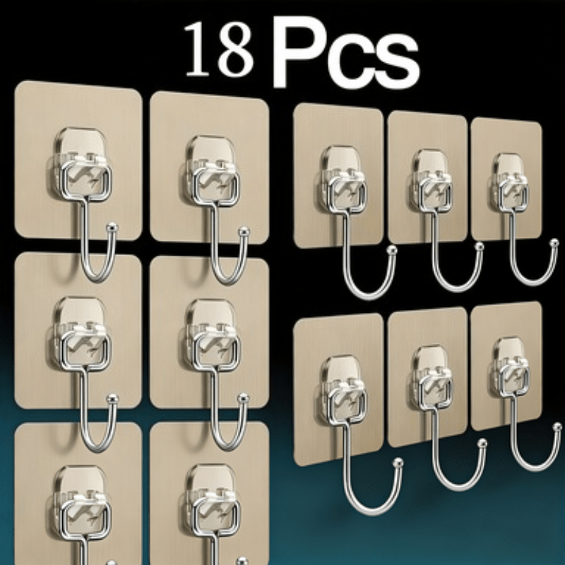 TEMU 18pcs Super Strong Adhesive No-drill Hooks, Reusable . Suitable For Kitchen, Bathroom And Walls. Can Easily Hang Towels, Cookware, Bathroom