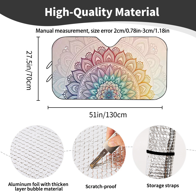 TEMU 1pc Mandala Pattern Car Sunshade, In 22 Sizes, Ideal Holiday Gift. Car Windshield Sun Visor Cool And Prevents Interior Aging. Features 4 Suction