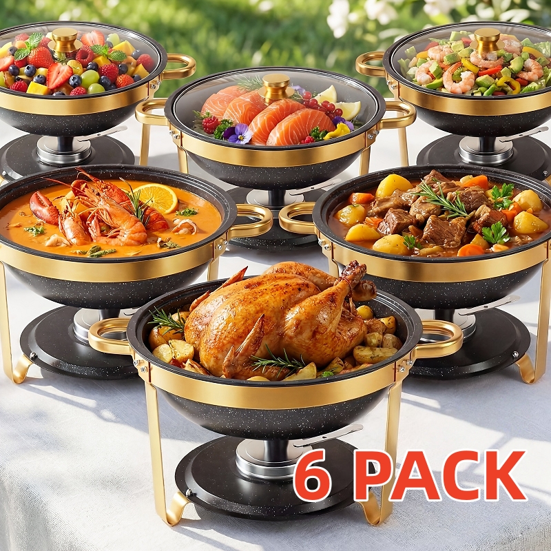 Image of Chafing Dish Buffet Packs Of 1/2/4/6, 6qt Round Stainless Steel Chafer For Catering, Upgraded Chafers And Buffet Warmer Sets W/food & Water Pan, Lid, Black Frame For Party Wedding Holiday- Cooking