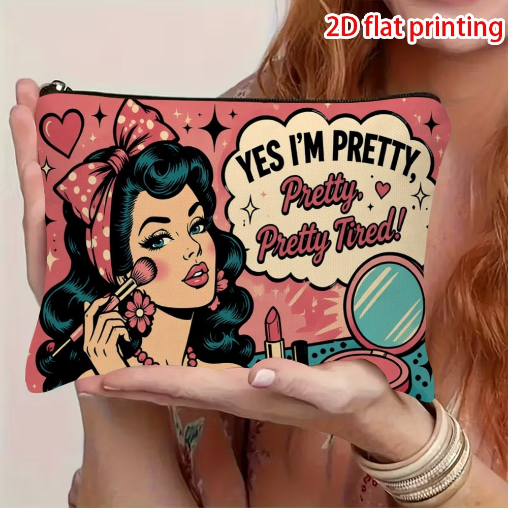 TEMU 1 2d Flat Print Retro Pop Beauty Dressing Text Slogan Face Print Cosmetic Bag, Multi-functional Cosmetic Storage Bag, Zipper Seal, Foldable