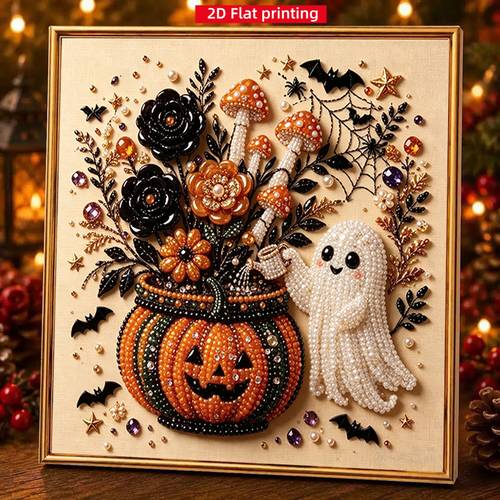 item picture 2d flat printing painting halloween watering flowerspattern handmade diy frameless diamond painting kit suitable for and beginners with pearls applicable for christmas halloween new year and other holiday