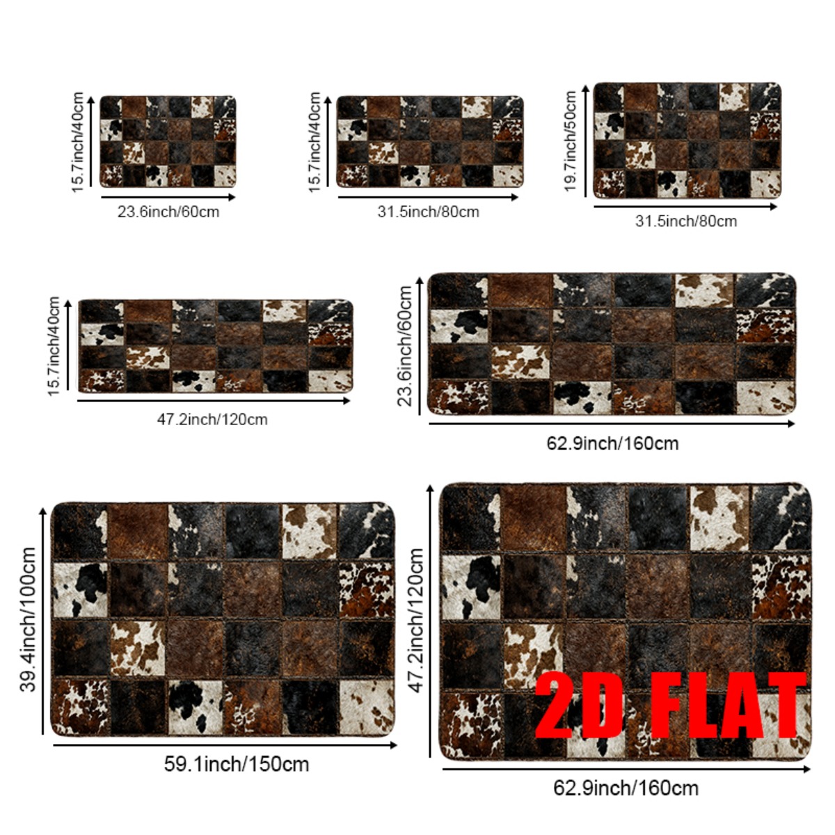 TEMU 2d Flat, 2d Flat Mat, 1pc Rustic Flannel Anti-slip Bathroom Mat Featuring Multi- Brown, Black, And White Cowhide Pattern Squares, Soft And