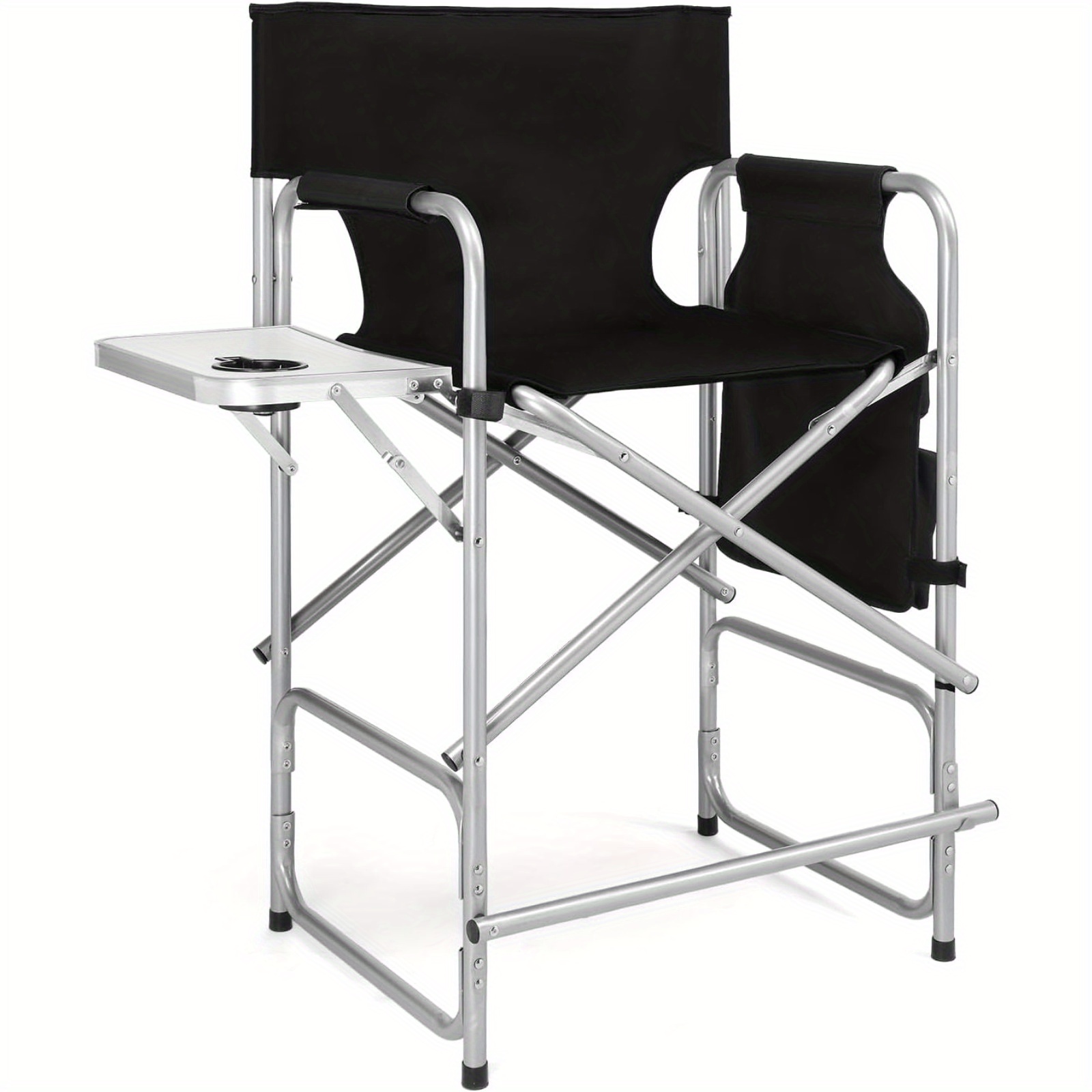 Bonnlo 66cm High 's Chair, Foldable, 120kg Load Capacity, With 90° Foldable Side Table, Side Pocket And Footrest, Foldable Camping Chair For Makeup, Photo Studio, Outdoor Shoots And Camping, Black