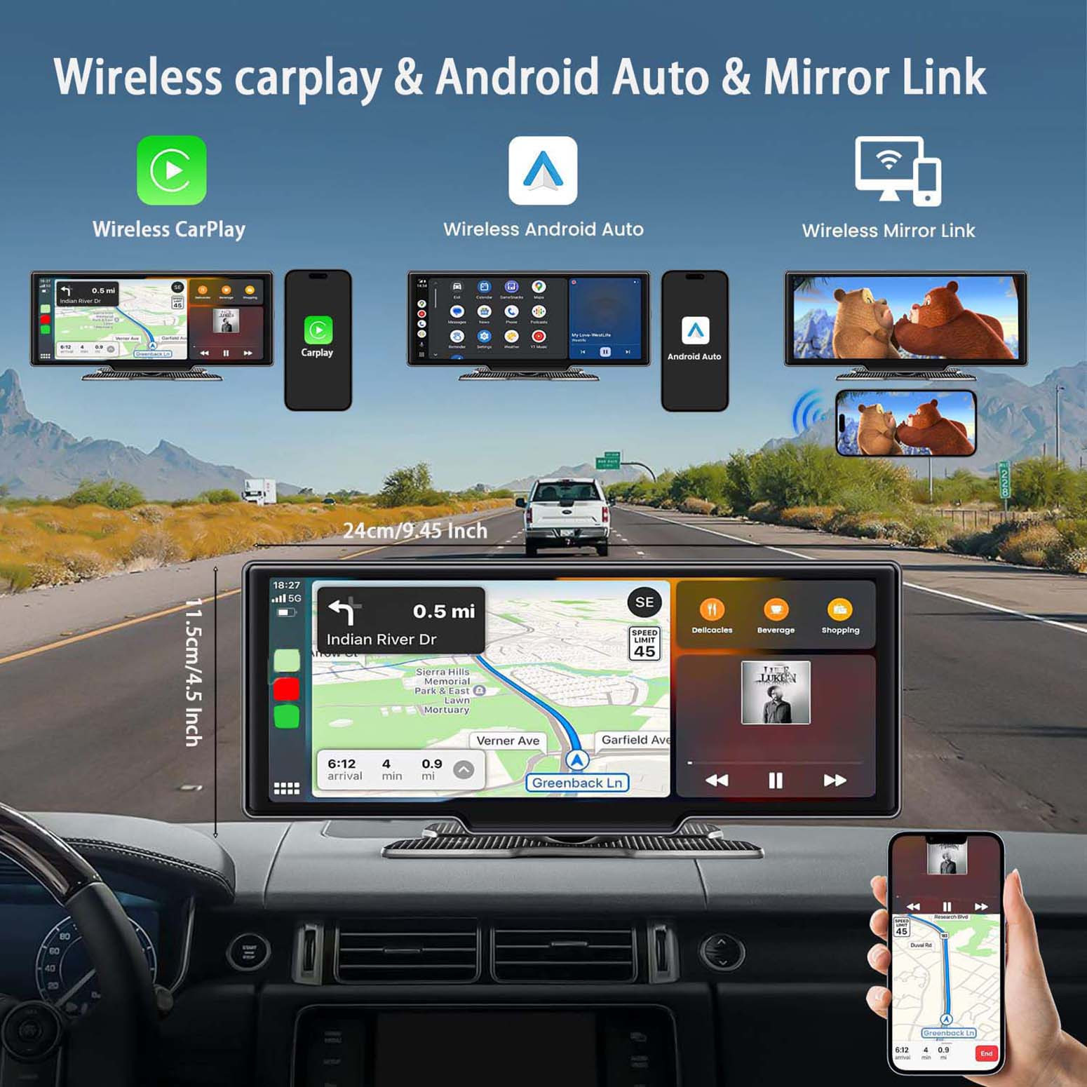 4K Front Dash Cam, 1080P Rear Camera, Portable Carplay Screen for Car - 26.06 cm Carplay & Android Auto Car Touch Stereo, with 64G TF Card, BT, GPS Navigation