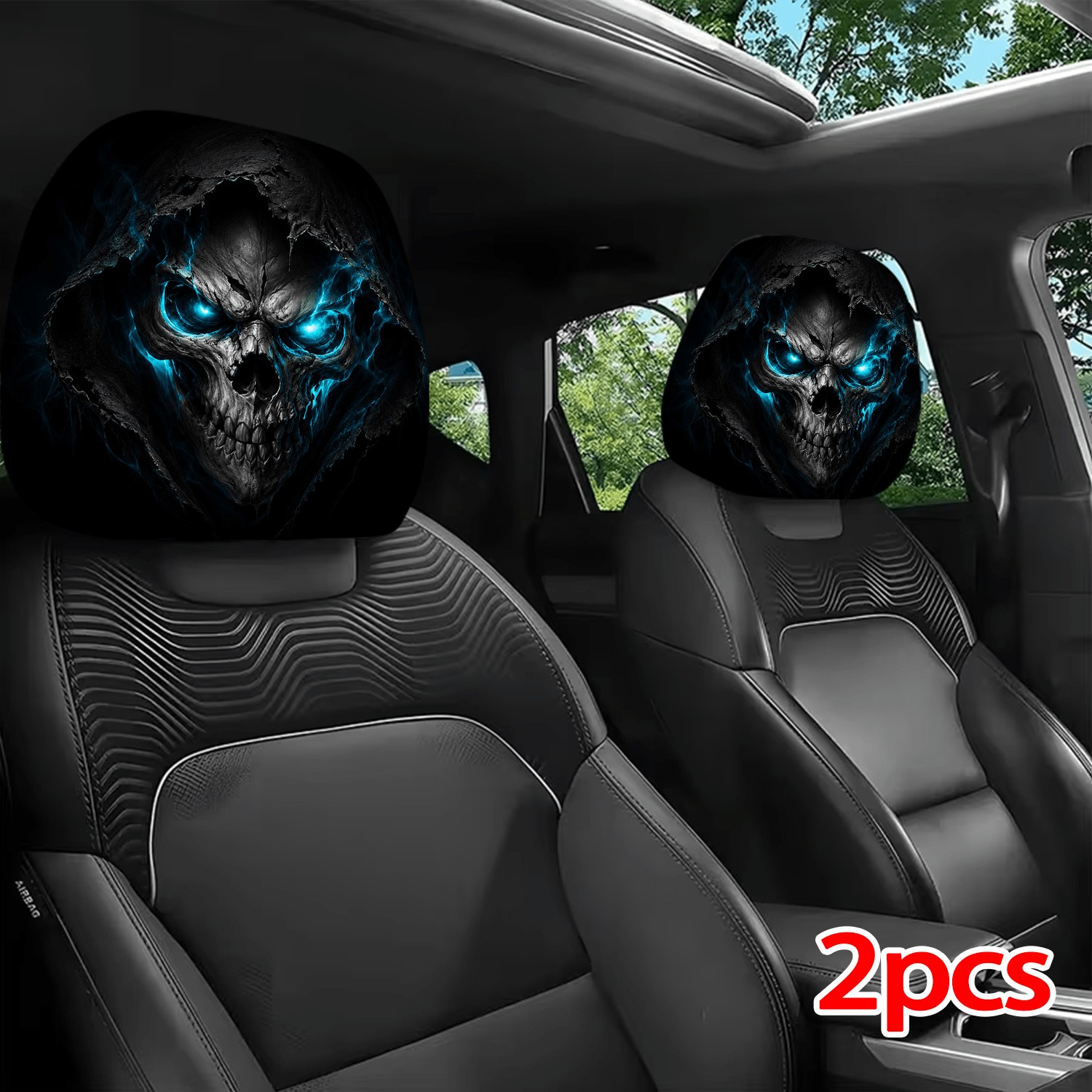 TEMU 2pcs Set Of Luminous Reaper Pattern Printed Car Headrest Covers, , 2d Flat, , And Remove, Machine Washable, Perfect Versatile Car Decoration, A