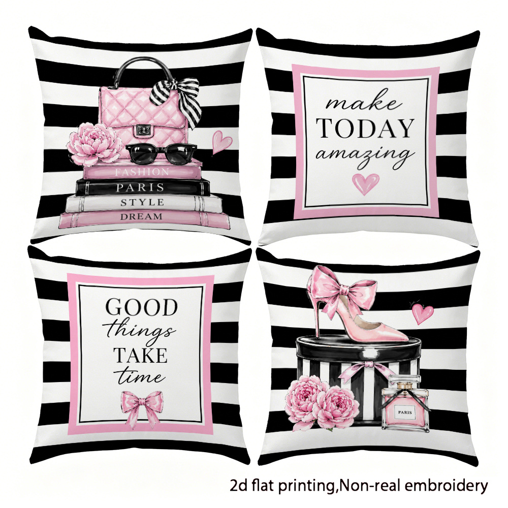 TEMU 4pcs Luxury Striped Decorative Pillow Covers, Parisian Perfume High Heels Handbag Print Living Room Sofa Cushion Cases, Single-sided Printing,