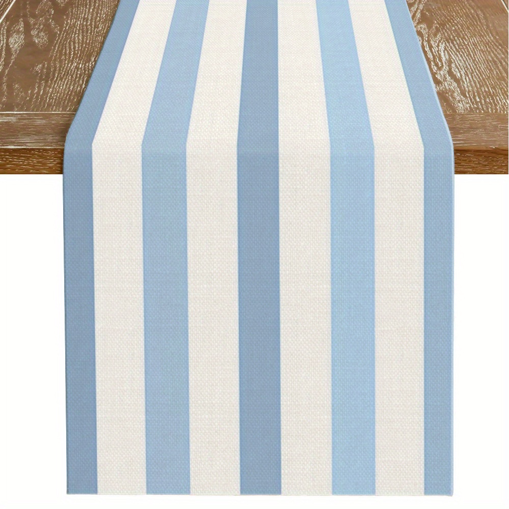 TEMU 1pc Minimalist Blue Striped Table Runner - Light Blue Vertical Stripes, Durable Polyester Fabric For Indoor/outdoor Use, Decor For Dining Table,