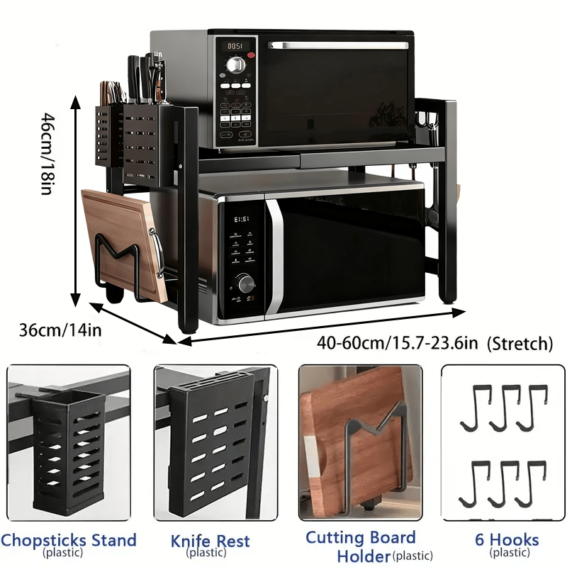1pc Expandable Microwave Rack, Multifunctional Sturdy And Durable Microwave Stand Countertop Kitchen Utensil Cutlery Storage Rack With 6 Hooks