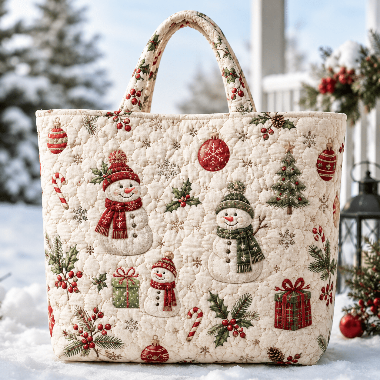 TEMU White Christmas Snowman Tree Gift Extra Wide Quilted Tote Bag For Women, Large Capacity Lightweight Shoulder Handbag For Winter Shopping, Work,