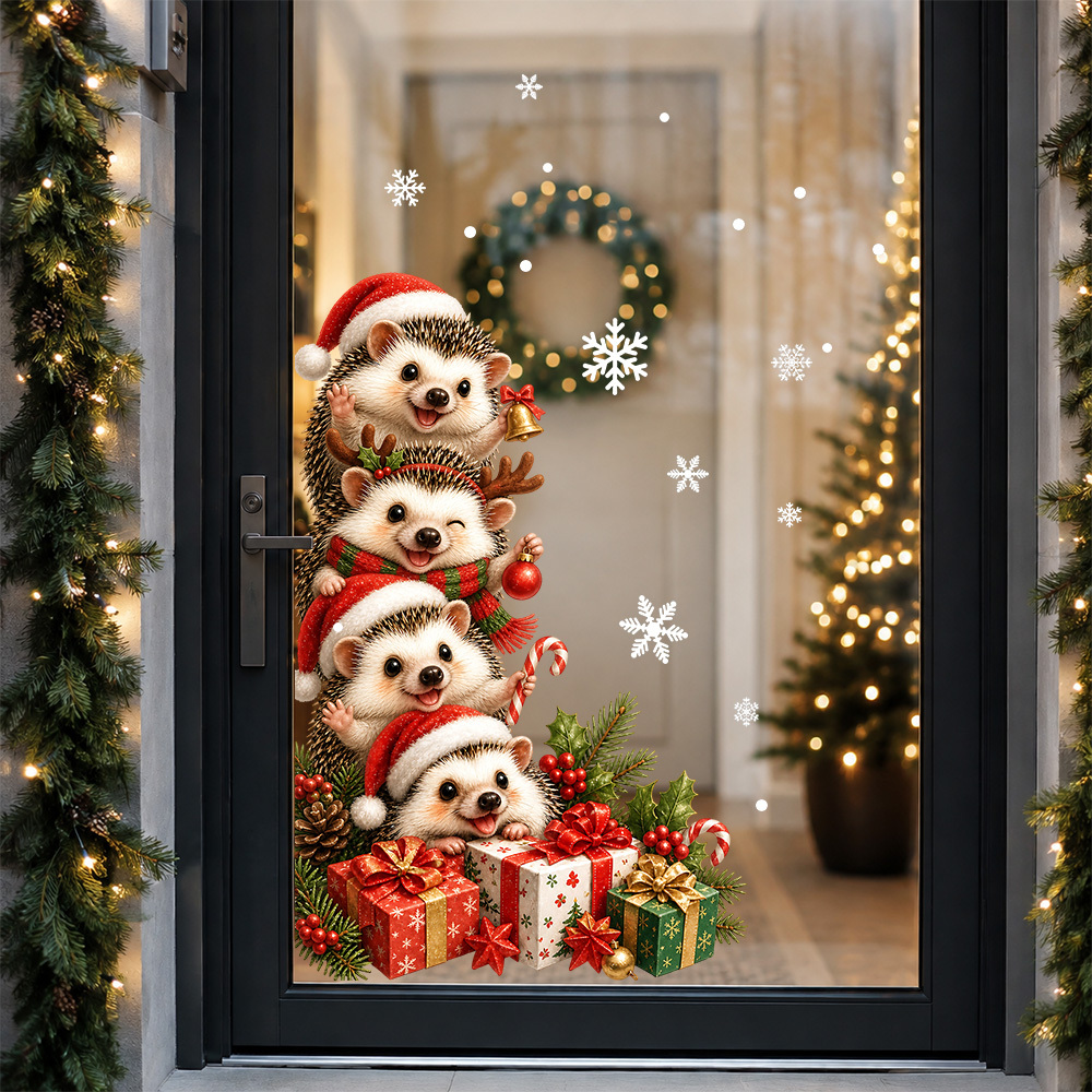 TEMU Lot de 1 ensemble d'autocollants amusants pour vitre de Noël avec hérissons empilables qui jettent un coup d'œil, "60CM*39CM" grande taille,