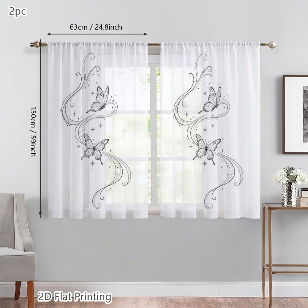 TEMU 2D Plat, 2pcs Rideaux Voilages Semi-Transparents, Rideaux Décoratifs Imprimés Motif Ligne d'Art Tourbillon de Papillons pour Cafés, Salon,