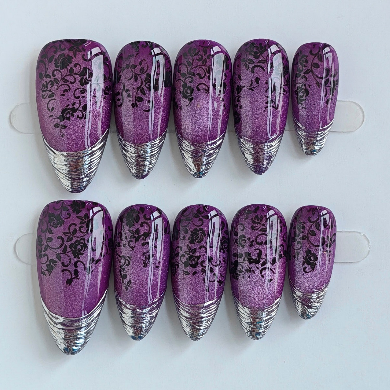 TEMU Handmade Press-on Nails 10pcs, New Medium Almond Shape - Luxury Purple Rose With Silvery Edges, Premium Temperament Style, Suitable For Dinner