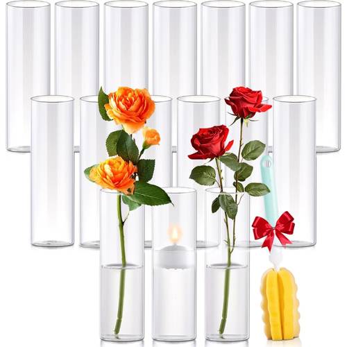set of 16 clear glass cylinder vases each 7 7 inches tall centerpieces small vases can serve as floating candle holders ideal for parties home decoration weddings birthdays anniversaries and baby showers