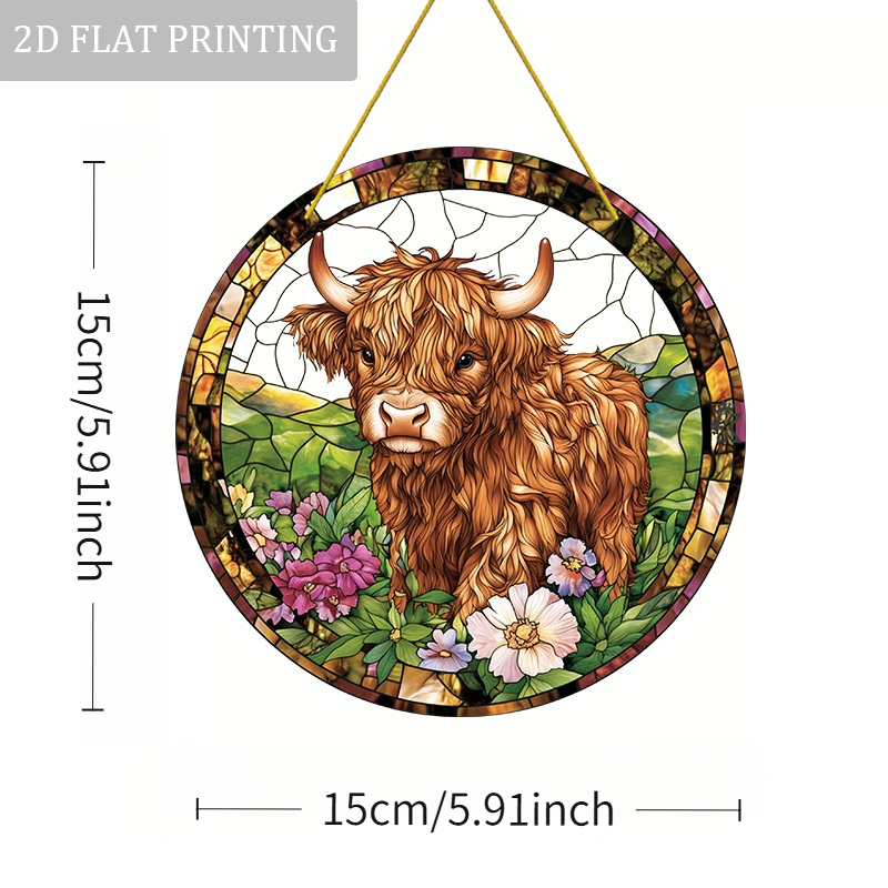 TEMU 2d Flat, 2d Flat 1pc Highland Cow And Floral Stained Acrylic Sun Catcher Hanging Ornament, Farm Decor, Rustic Farmhouse Home Decor, Window