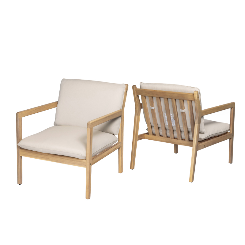 Set of 2 Acacia Wood Armchairs | Light Teak Patio Club Chairs with Painted Frame, PVC Material