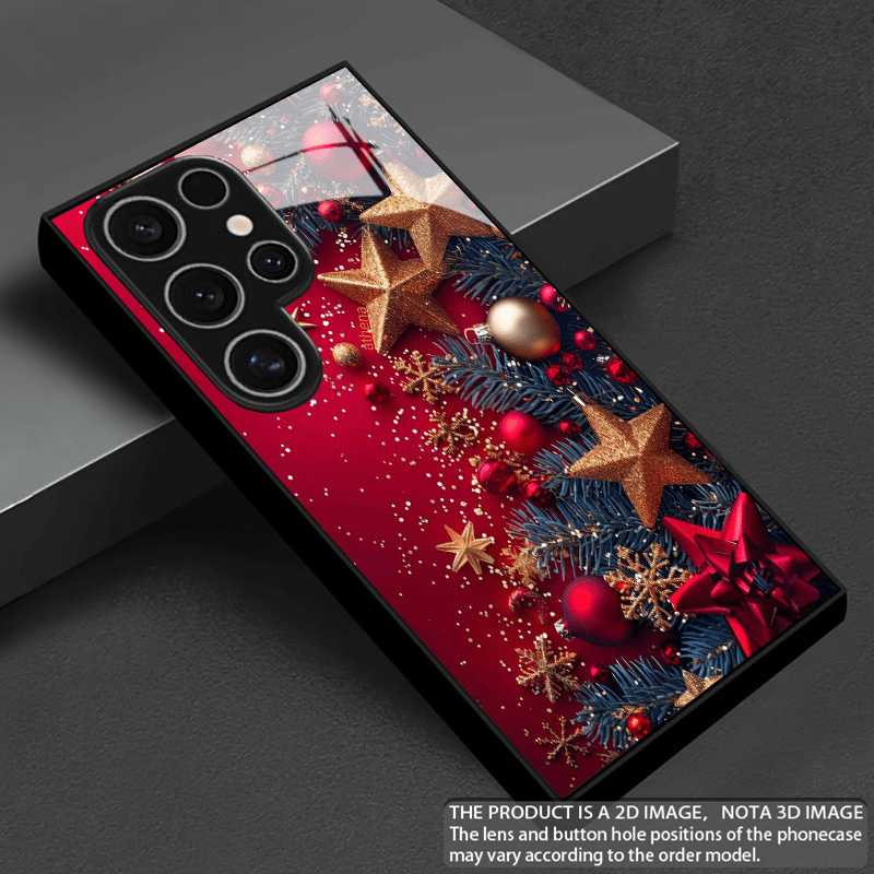 TEMU Phone Case - 2d Printed Red Golden Christmas Ornament Tempered Glass Phone Case For S26 Ultra/s25 Fe/s25/s24/s23/s22/s21/s20 Fe Plus And Ultra,
