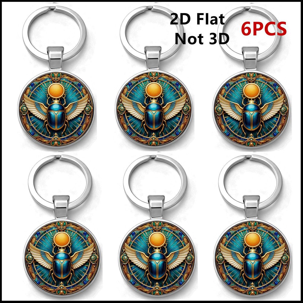 TEMU Portachiavi 2D piatto con motivo a scarabeo egiziano antico, portachiavi in metallo, 6 pz portachiavi rotondi colorati - 2D piatto, non ciondolo
