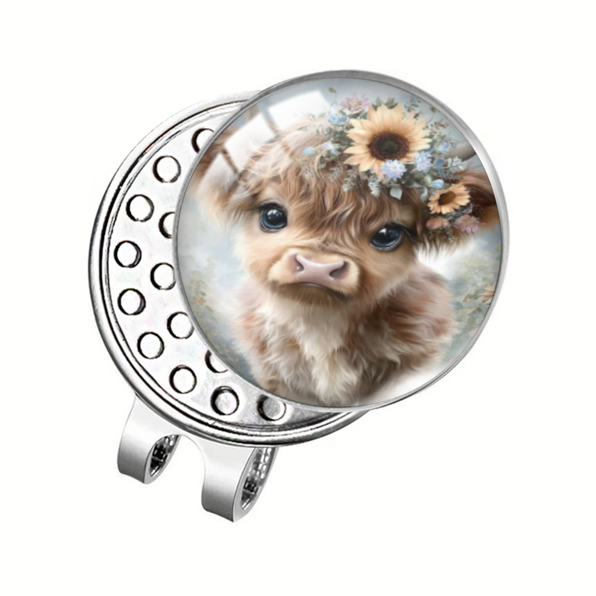 TEMU 1pc Highland Cow Calf With Sunflower Floral Crown Round Glass Dome Hat Clip Golf Ball Clip