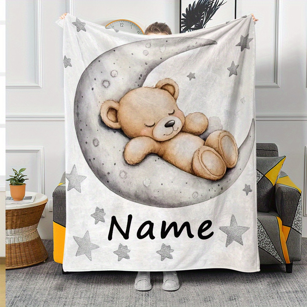 Custom Name Cute Bear Blanket, Portable Lightweight Flannel
