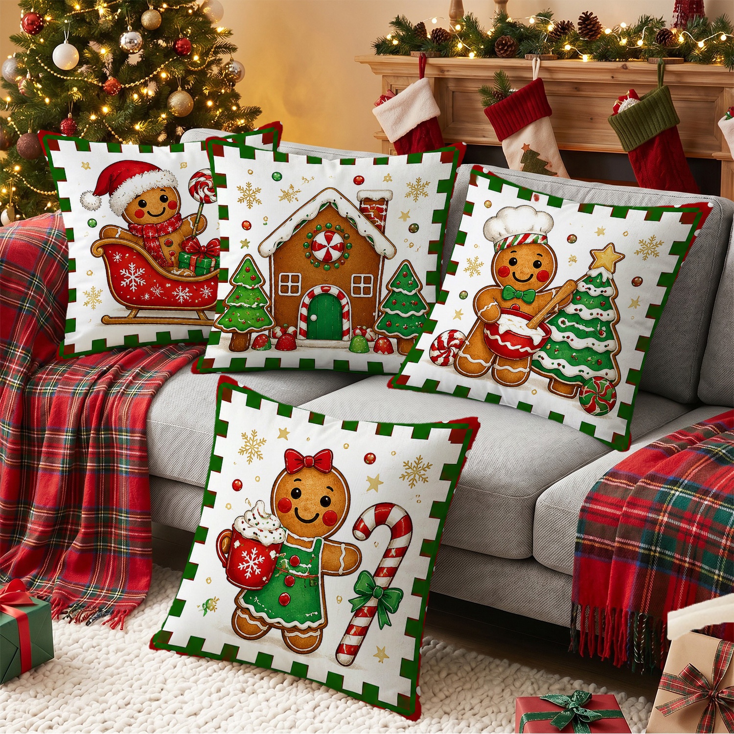 TEMU 4pcs Christmas Decoration Pillowcases, Gingerbread For Man And Gingerbread House Pattern Printed Pillow Covers, Cartoon , Zipper Closure Covers,